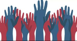 Red & Blue hands in the air