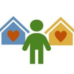 Two houses with hearts, 1 child in the middle