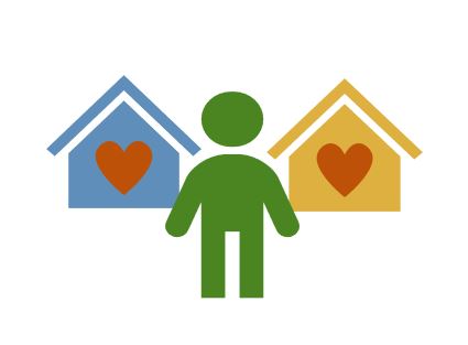 Two houses with hearts, 1 child in the middle