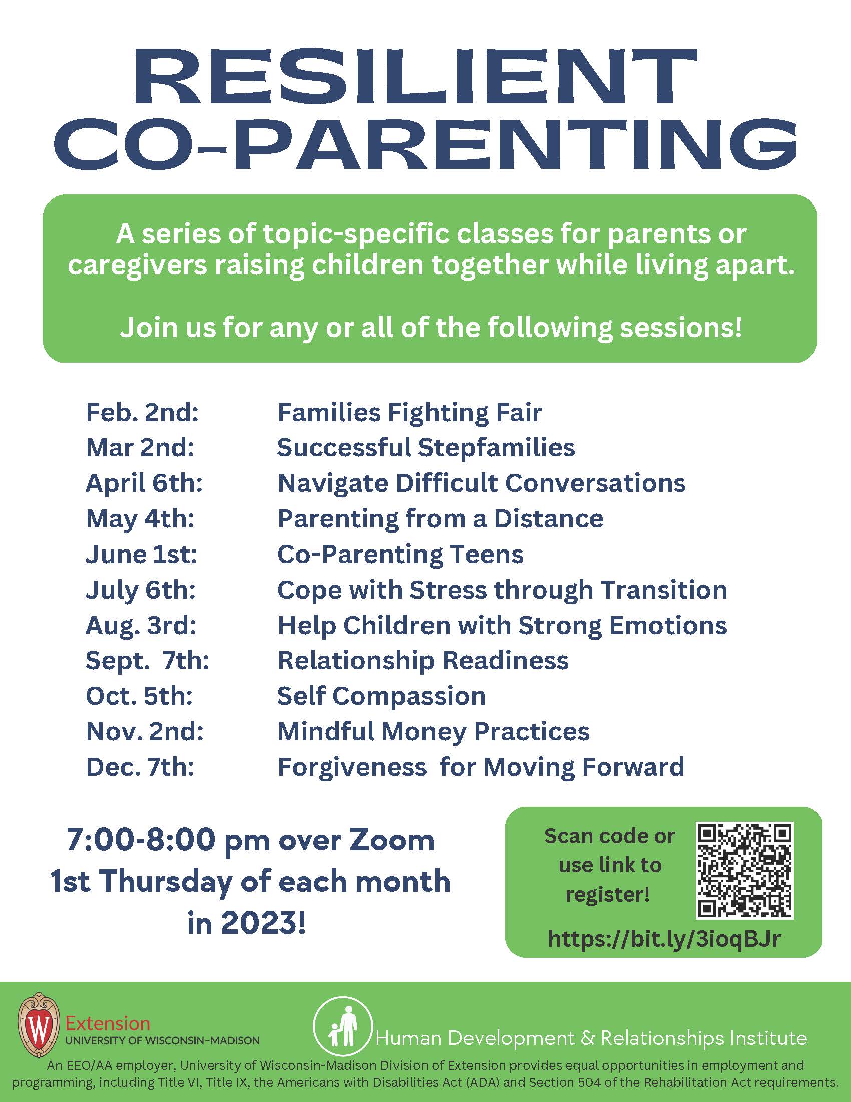 Resilient Co-Parenting 2023 Schedule.